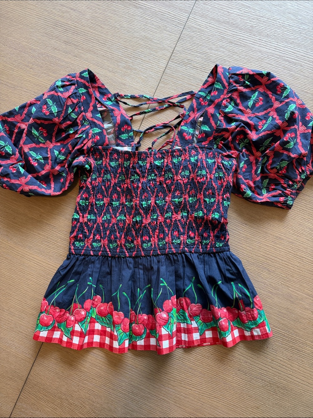 Navy Cherry-Print Smocked Peasant Blouse